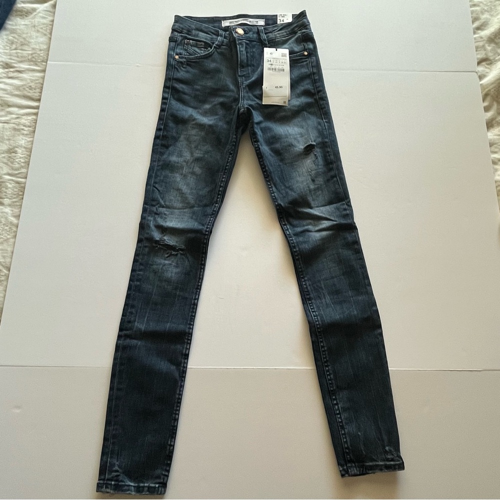 ZARA NWT Low Rise Skinny Distressed Stretch Blue Jeans Size 2 US